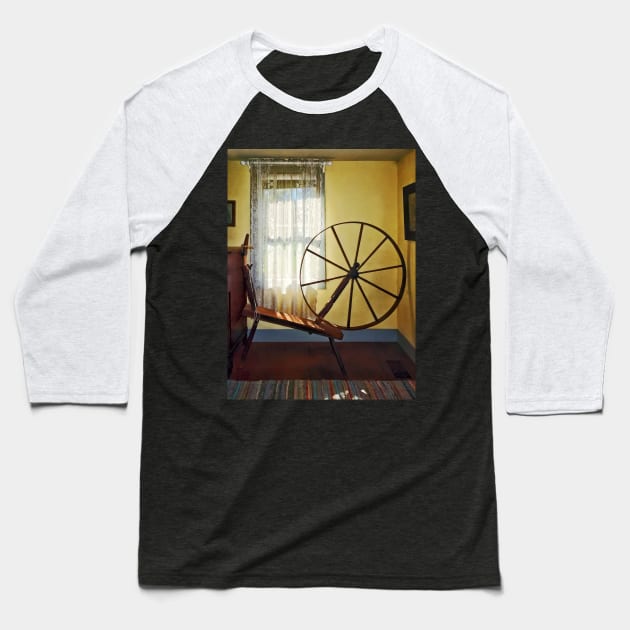 Knitting - Large Spinning Wheel Near Lace Curtain Baseball T-Shirt by SusanSavad